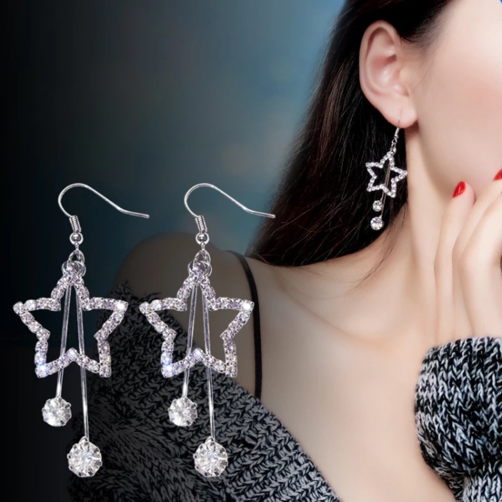 Silver Tone Long Stars Earrings